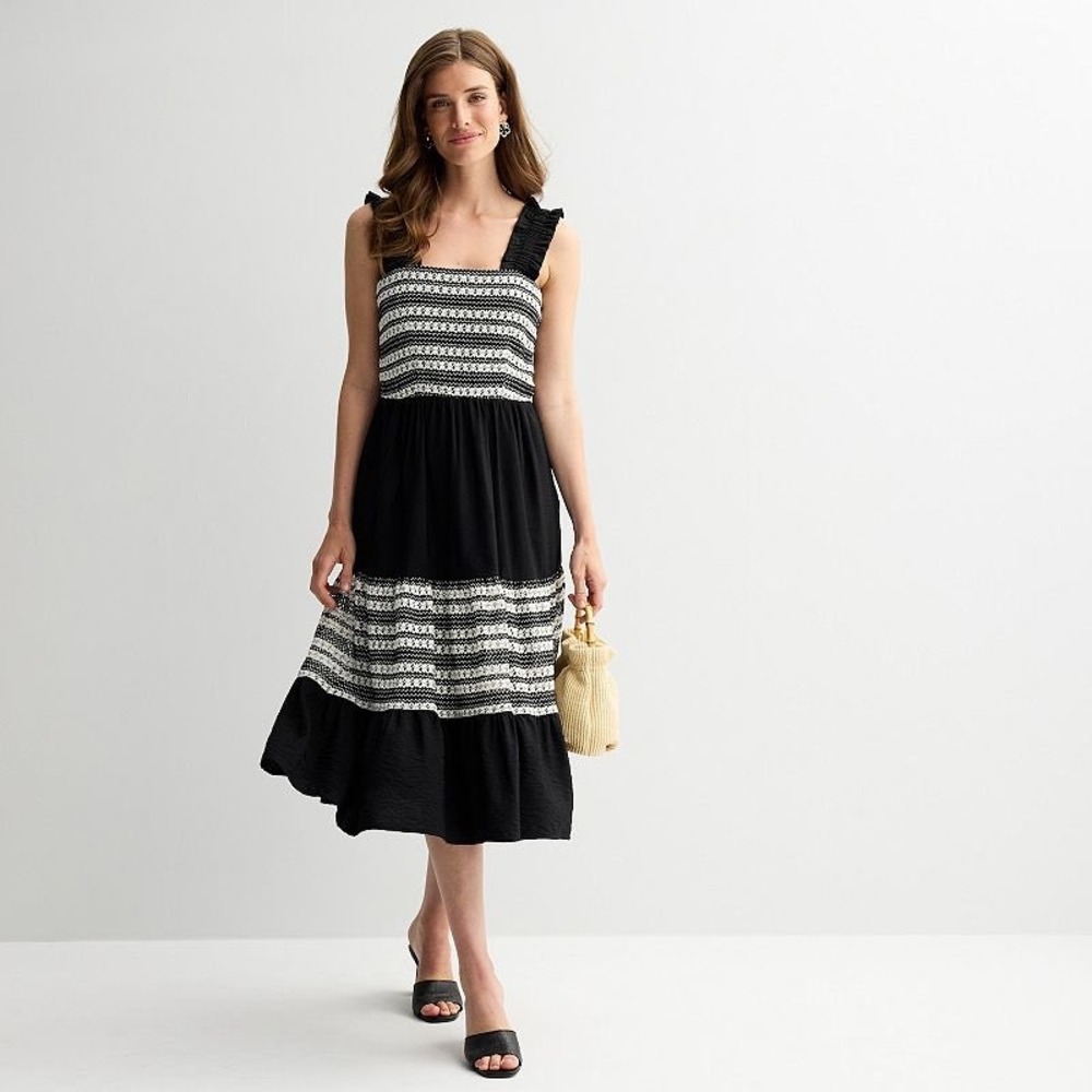 Draper James‎ Size Medium Midi Dress Black White Embroidered Tiered Ruffle Strap